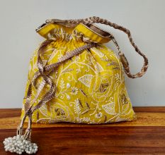 Yellow Chikankari Tussar Silk Potli Bag for Women
